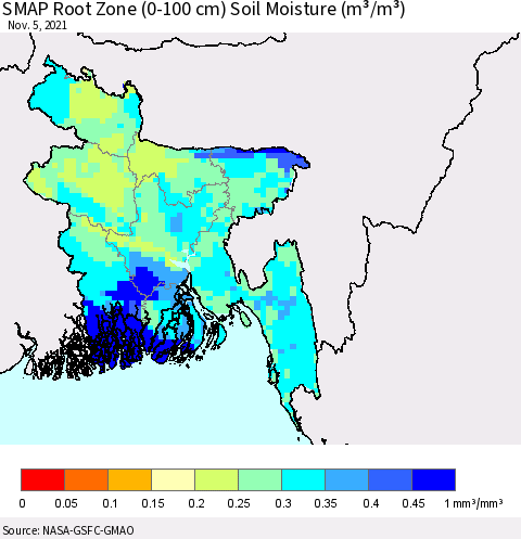 Bangladesh SMAP Root Zone (0-100 cm) Soil Moisture (m³/m³) Thematic Map For 11/1/2021 - 11/5/2021