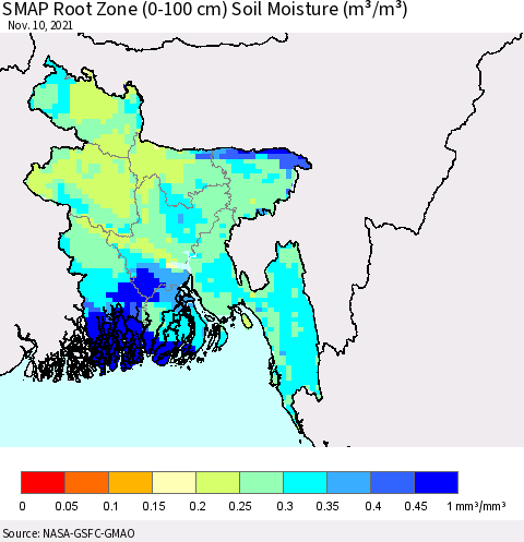Bangladesh SMAP Root Zone (0-100 cm) Soil Moisture (m³/m³) Thematic Map For 11/6/2021 - 11/10/2021