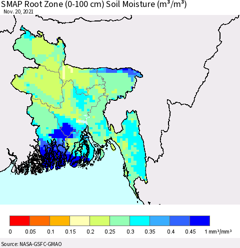 Bangladesh SMAP Root Zone (0-100 cm) Soil Moisture (m³/m³) Thematic Map For 11/16/2021 - 11/20/2021