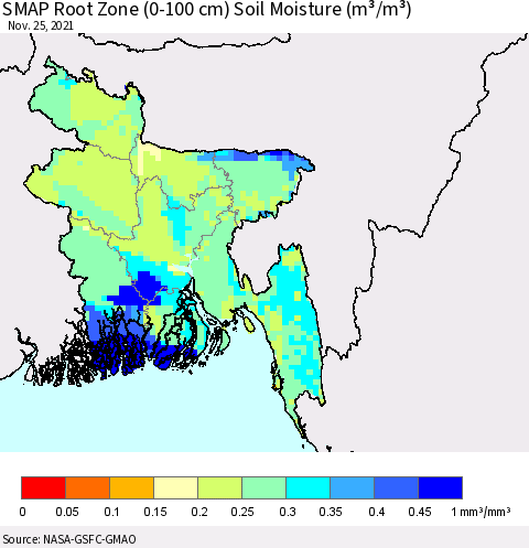Bangladesh SMAP Root Zone (0-100 cm) Soil Moisture (m³/m³) Thematic Map For 11/21/2021 - 11/25/2021