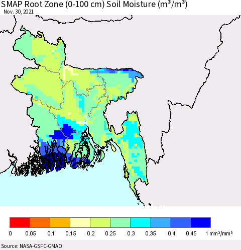 Bangladesh SMAP Root Zone (0-100 cm) Soil Moisture (m³/m³) Thematic Map For 11/26/2021 - 11/30/2021