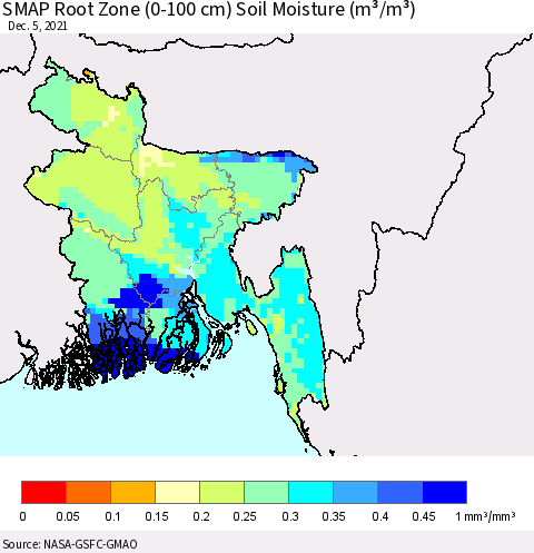 Bangladesh SMAP Root Zone (0-100 cm) Soil Moisture (m³/m³) Thematic Map For 12/1/2021 - 12/5/2021