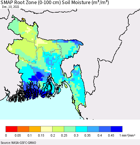 Bangladesh SMAP Root Zone (0-100 cm) Soil Moisture (m³/m³) Thematic Map For 12/6/2021 - 12/10/2021