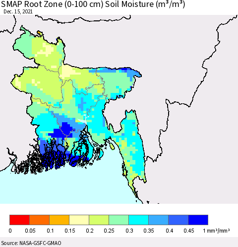 Bangladesh SMAP Root Zone (0-100 cm) Soil Moisture (m³/m³) Thematic Map For 12/11/2021 - 12/15/2021