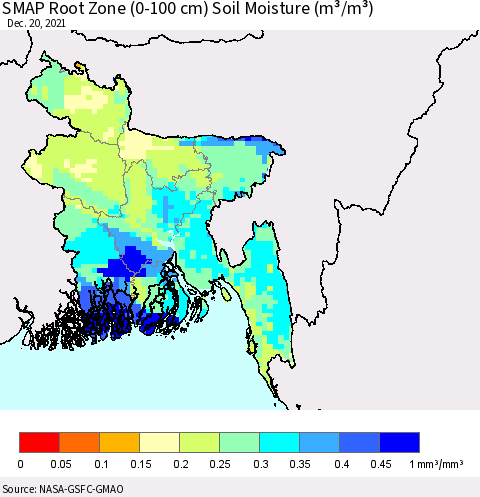 Bangladesh SMAP Root Zone (0-100 cm) Soil Moisture (m³/m³) Thematic Map For 12/16/2021 - 12/20/2021