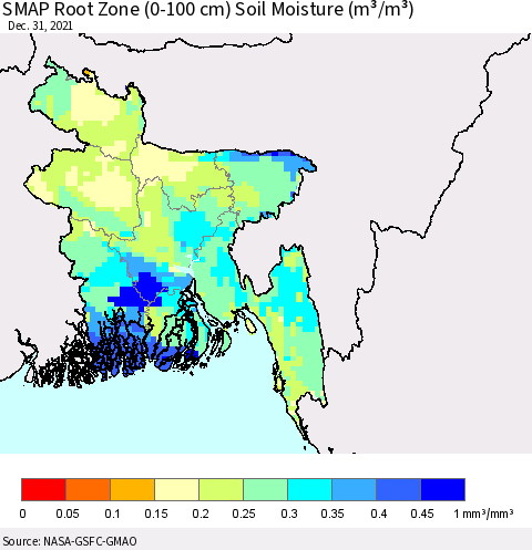 Bangladesh SMAP Root Zone (0-100 cm) Soil Moisture (m³/m³) Thematic Map For 12/26/2021 - 12/31/2021