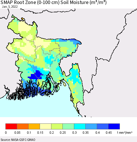 Bangladesh SMAP Root Zone (0-100 cm) Soil Moisture (m³/m³) Thematic Map For 1/1/2022 - 1/5/2022