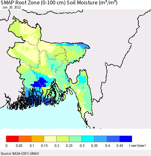 Bangladesh SMAP Root Zone (0-100 cm) Soil Moisture (m³/m³) Thematic Map For 1/16/2022 - 1/20/2022