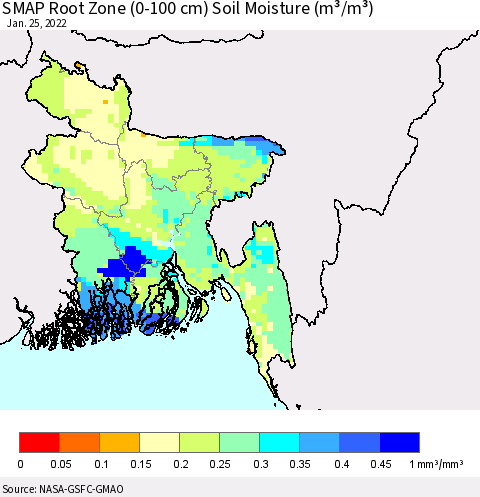 Bangladesh SMAP Root Zone (0-100 cm) Soil Moisture (m³/m³) Thematic Map For 1/21/2022 - 1/25/2022