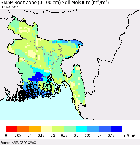 Bangladesh SMAP Root Zone (0-100 cm) Soil Moisture (m³/m³) Thematic Map For 2/1/2022 - 2/5/2022