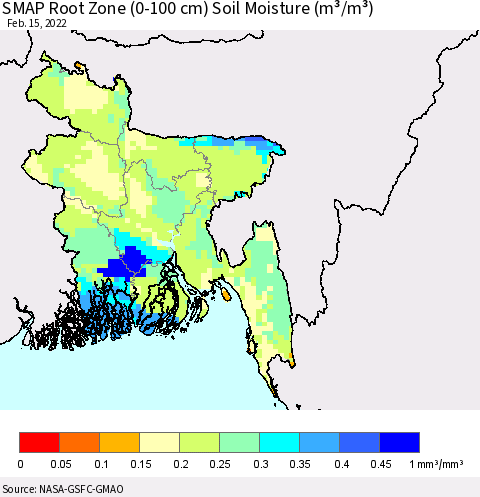 Bangladesh SMAP Root Zone (0-100 cm) Soil Moisture (m³/m³) Thematic Map For 2/11/2022 - 2/15/2022
