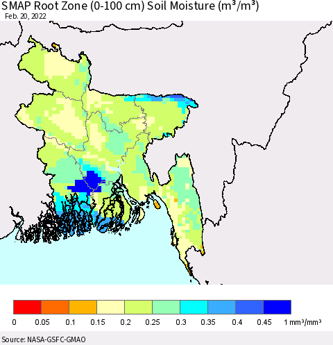 Bangladesh SMAP Root Zone (0-100 cm) Soil Moisture (m³/m³) Thematic Map For 2/16/2022 - 2/20/2022