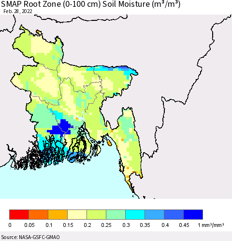 Bangladesh SMAP Root Zone (0-100 cm) Soil Moisture (m³/m³) Thematic Map For 2/26/2022 - 2/28/2022