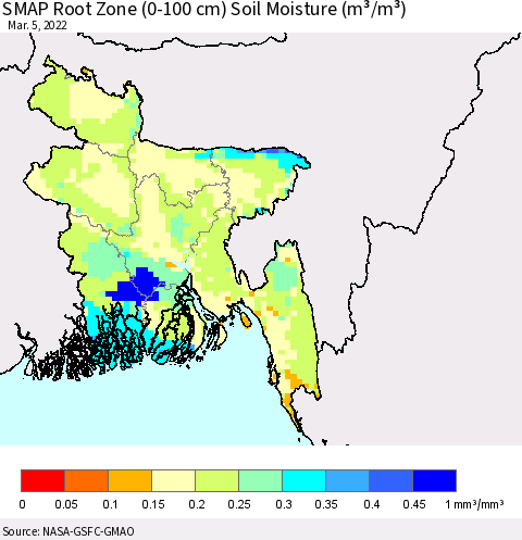 Bangladesh SMAP Root Zone (0-100 cm) Soil Moisture (m³/m³) Thematic Map For 3/1/2022 - 3/5/2022