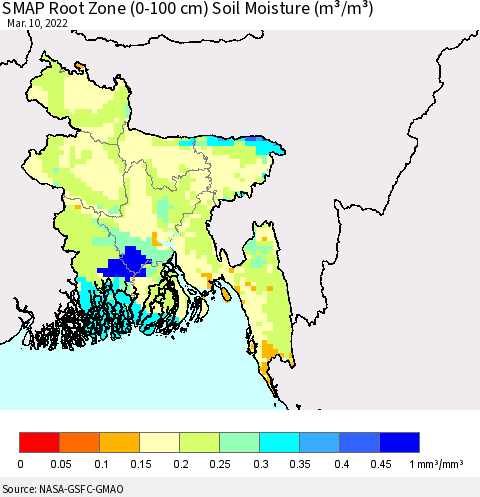 Bangladesh SMAP Root Zone (0-100 cm) Soil Moisture (m³/m³) Thematic Map For 3/6/2022 - 3/10/2022