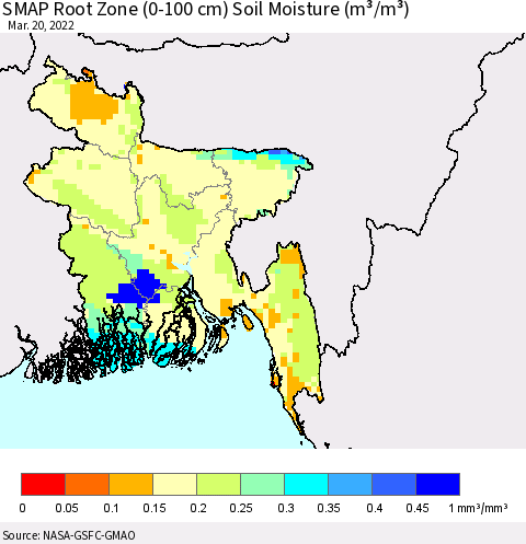 Bangladesh SMAP Root Zone (0-100 cm) Soil Moisture (m³/m³) Thematic Map For 3/16/2022 - 3/20/2022