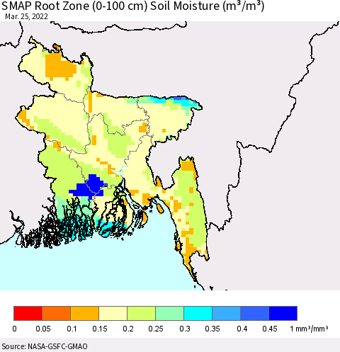 Bangladesh SMAP Root Zone (0-100 cm) Soil Moisture (m³/m³) Thematic Map For 3/21/2022 - 3/25/2022