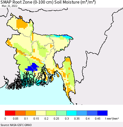 Bangladesh SMAP Root Zone (0-100 cm) Soil Moisture (m³/m³) Thematic Map For 3/26/2022 - 3/31/2022