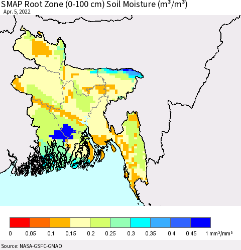 Bangladesh SMAP Root Zone (0-100 cm) Soil Moisture (m³/m³) Thematic Map For 4/1/2022 - 4/5/2022