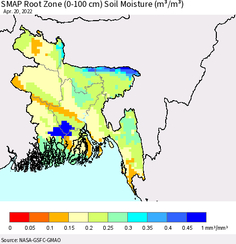 Bangladesh SMAP Root Zone (0-100 cm) Soil Moisture (m³/m³) Thematic Map For 4/16/2022 - 4/20/2022