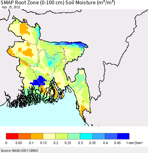 Bangladesh SMAP Root Zone (0-100 cm) Soil Moisture (m³/m³) Thematic Map For 4/21/2022 - 4/25/2022