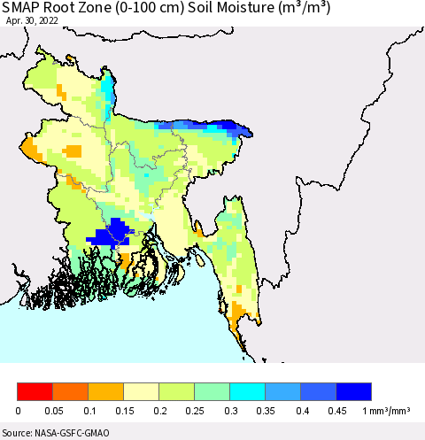 Bangladesh SMAP Root Zone (0-100 cm) Soil Moisture (m³/m³) Thematic Map For 4/26/2022 - 4/30/2022