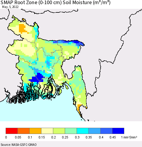 Bangladesh SMAP Root Zone (0-100 cm) Soil Moisture (m³/m³) Thematic Map For 5/1/2022 - 5/5/2022
