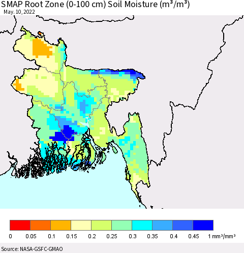 Bangladesh SMAP Root Zone (0-100 cm) Soil Moisture (m³/m³) Thematic Map For 5/6/2022 - 5/10/2022