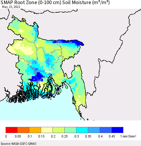 Bangladesh SMAP Root Zone (0-100 cm) Soil Moisture (m³/m³) Thematic Map For 5/11/2022 - 5/15/2022