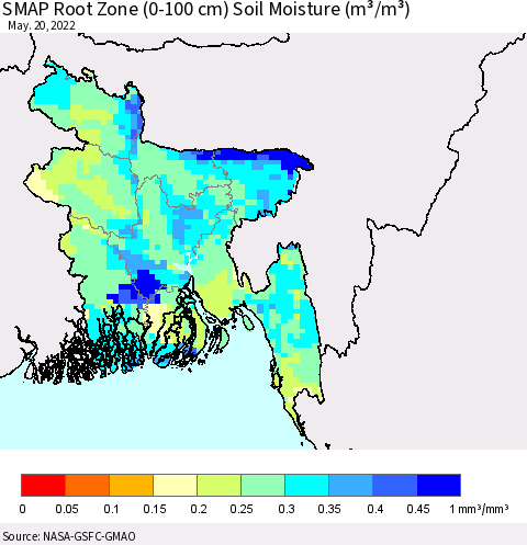 Bangladesh SMAP Root Zone (0-100 cm) Soil Moisture (m³/m³) Thematic Map For 5/16/2022 - 5/20/2022