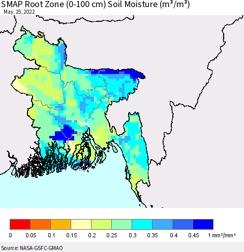 Bangladesh SMAP Root Zone (0-100 cm) Soil Moisture (m³/m³) Thematic Map For 5/21/2022 - 5/25/2022