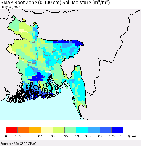 Bangladesh SMAP Root Zone (0-100 cm) Soil Moisture (m³/m³) Thematic Map For 5/26/2022 - 5/31/2022