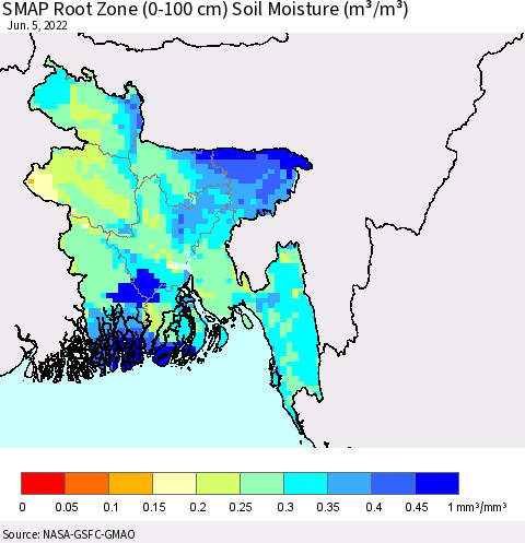 Bangladesh SMAP Root Zone (0-100 cm) Soil Moisture (m³/m³) Thematic Map For 6/1/2022 - 6/5/2022