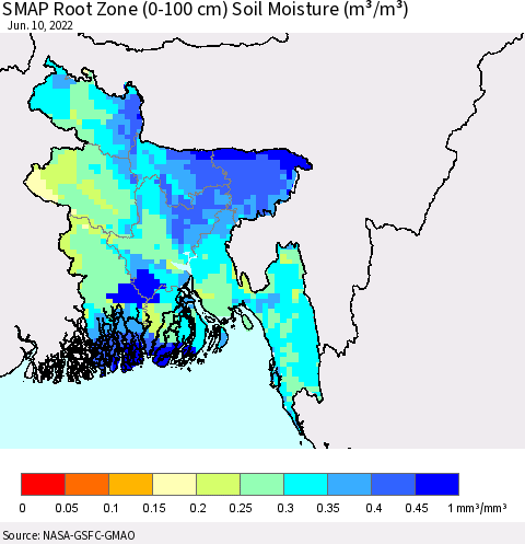 Bangladesh SMAP Root Zone (0-100 cm) Soil Moisture (m³/m³) Thematic Map For 6/6/2022 - 6/10/2022