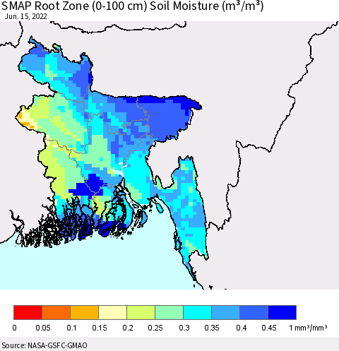Bangladesh SMAP Root Zone (0-100 cm) Soil Moisture (m³/m³) Thematic Map For 6/11/2022 - 6/15/2022