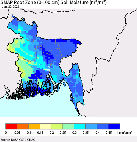 Bangladesh SMAP Root Zone (0-100 cm) Soil Moisture (m³/m³) Thematic Map For 6/16/2022 - 6/20/2022