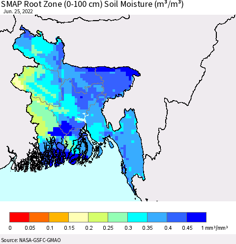 Bangladesh SMAP Root Zone (0-100 cm) Soil Moisture (m³/m³) Thematic Map For 6/21/2022 - 6/25/2022
