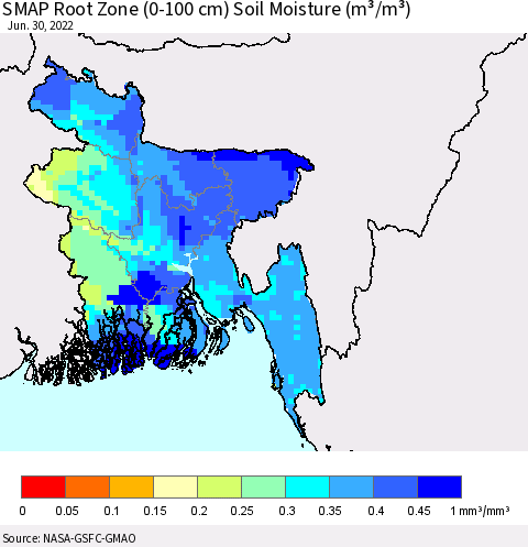 Bangladesh SMAP Root Zone (0-100 cm) Soil Moisture (m³/m³) Thematic Map For 6/26/2022 - 6/30/2022