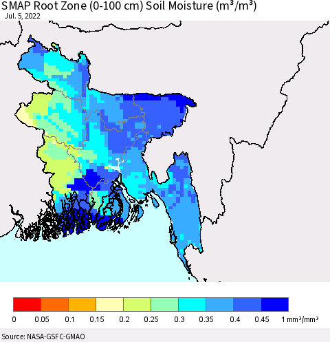 Bangladesh SMAP Root Zone (0-100 cm) Soil Moisture (m³/m³) Thematic Map For 7/1/2022 - 7/5/2022