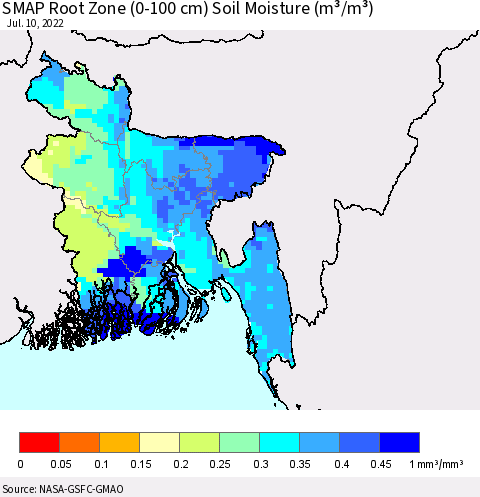 Bangladesh SMAP Root Zone (0-100 cm) Soil Moisture (m³/m³) Thematic Map For 7/6/2022 - 7/10/2022