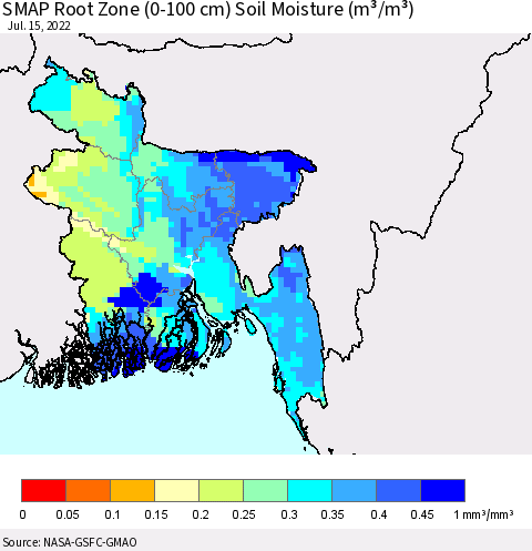 Bangladesh SMAP Root Zone (0-100 cm) Soil Moisture (m³/m³) Thematic Map For 7/11/2022 - 7/15/2022