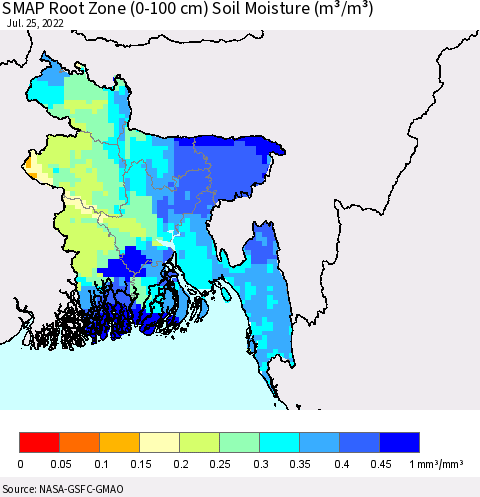 Bangladesh SMAP Root Zone (0-100 cm) Soil Moisture (m³/m³) Thematic Map For 7/21/2022 - 7/25/2022