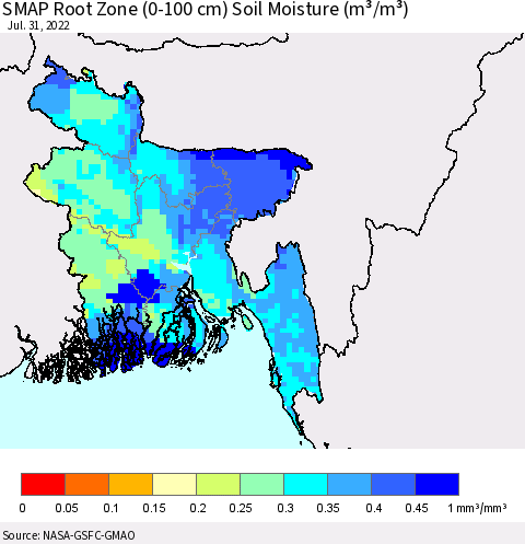 Bangladesh SMAP Root Zone (0-100 cm) Soil Moisture (m³/m³) Thematic Map For 7/26/2022 - 7/31/2022