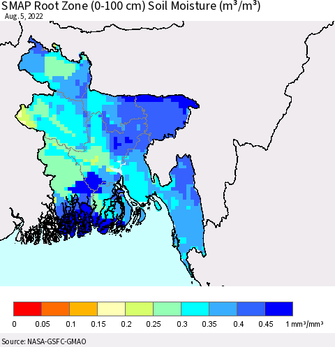 Bangladesh SMAP Root Zone (0-100 cm) Soil Moisture (m³/m³) Thematic Map For 8/1/2022 - 8/5/2022