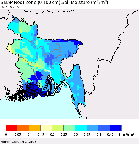 Bangladesh SMAP Root Zone (0-100 cm) Soil Moisture (m³/m³) Thematic Map For 8/11/2022 - 8/15/2022