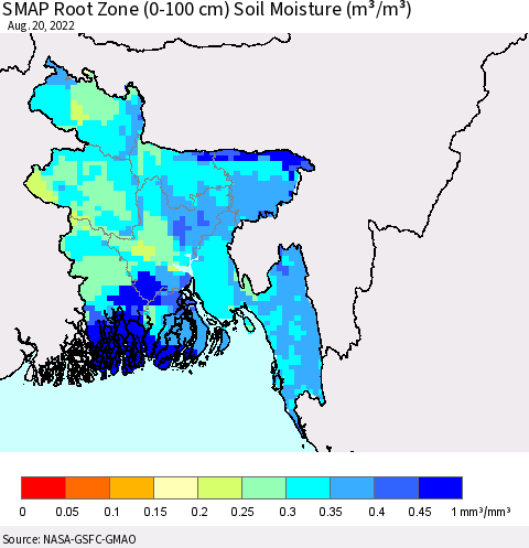 Bangladesh SMAP Root Zone (0-100 cm) Soil Moisture (m³/m³) Thematic Map For 8/16/2022 - 8/20/2022