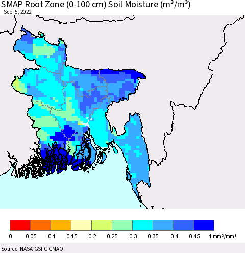 Bangladesh SMAP Root Zone (0-100 cm) Soil Moisture (m³/m³) Thematic Map For 9/1/2022 - 9/5/2022