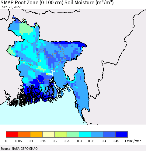 Bangladesh SMAP Root Zone (0-100 cm) Soil Moisture (m³/m³) Thematic Map For 9/16/2022 - 9/20/2022