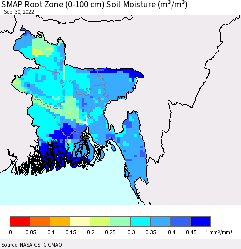 Bangladesh SMAP Root Zone (0-100 cm) Soil Moisture (m³/m³) Thematic Map For 9/26/2022 - 9/30/2022