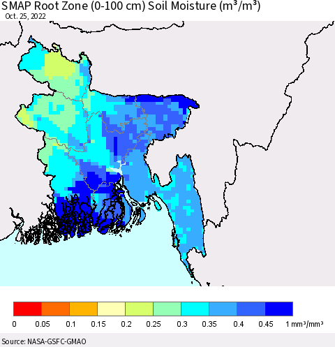 Bangladesh SMAP Root Zone (0-100 cm) Soil Moisture (m³/m³) Thematic Map For 10/21/2022 - 10/25/2022